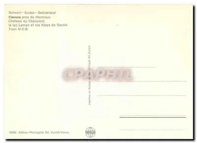 Clarens perto de Montreux — Castelo do Châtelard, Lago Léman e Alpes da Saboia — Edição Photoglob SA, Zurique/Vevey, n°10192 — Verso