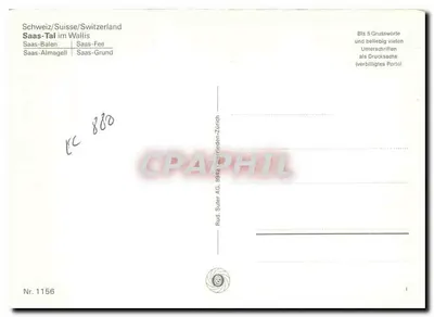 Saas-Tal — vista panorâmica e monumentos — Rud. Suter AG, Zürich, n° 1156 — Verso