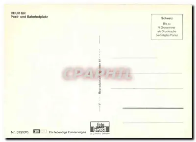 Chur — Plac pocztowy i dworcowy — widok tramwajów żółtych i gór — wydawca foto Gross, n° 37910fb — Rewers