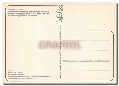 Place Neuve cruzamento das motricidades 795 e 798 — Motrice Düwag tipo Be4/6, T.P.G. série 795-799 — editor JAEGER, CH-1233 Berne-GE — Verso