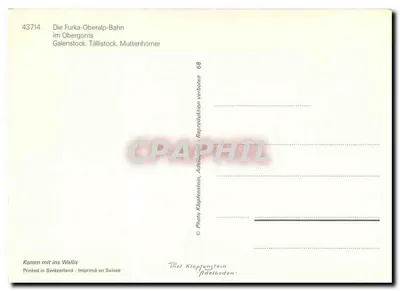 Pociąg Furka-Oberalp-Bahn — Zasneżone góry — Foto Klöpfenstein, n° 43714 — Rewers
