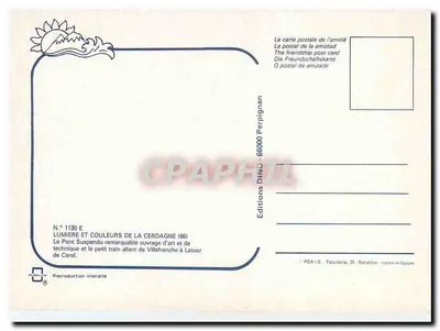 Most wiszący w Cerdagne — Mały pociąg jadący z Villefranche do Latour — Wydawnictwo DINO, Perpignan — Rewers