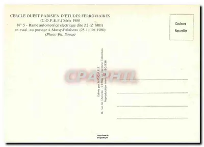 Massy-Palaiseau — Unidade automotriz elétrica Z2 (Z 7301) em teste — Cercle Ouest Parisien d'Études Ferroviaires, série 1980 — Verso