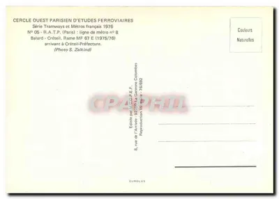 Trem da linha 8 do metrô de Paris — Rame MF 67 E — chegando a Créteil — Cercle Ouest Parisien d'Études Ferroviaires, série 1976 — Verso