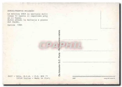 Tramwaj w Mediolanie — lokomotywa 4959 opuszczająca stację Duomo — wydanie M.C.S. nr 8607 — Rewers