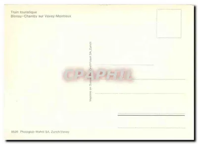 Turystyczny pociąg Blonay-Chamby na Vevey-Montreux — wydrukowany w Szwajcarii przez Orell Füssli SA, Zurych — Rewers