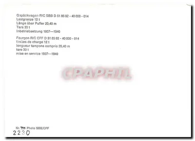 Vagão RIC SBB/CFF D 51 85 92 - 40 000 - 014 — SBB + FFS — Foto SBB/CFF n°2230 — Verso