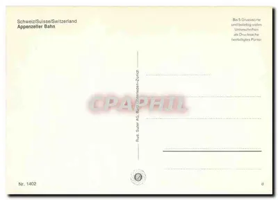 Appenzeller-Bahn — czerwone i żółte pociągi na łąkach — Rud. Suter AG, Oerrefrieden-Zurich, n° 1402 — Rewers