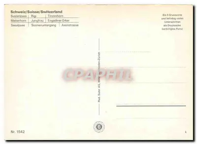 Szwajcarskie góry — krajobrazy i pociąg — Rud. Suter AG, Zurych, nr 1542 — Rewers