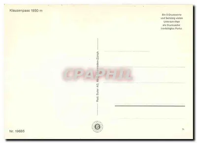 Klausesenpass 1950 m — widok panoramiczny z żółtym autobusem — wydawca Rud. Suter AG, Oberrieden-Zürich, n° 19685 — Rewers