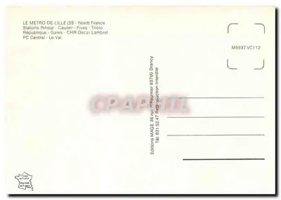Metrô de Lille — Carta postal ilustrando a linha M1 — Edições MAGE — Verso