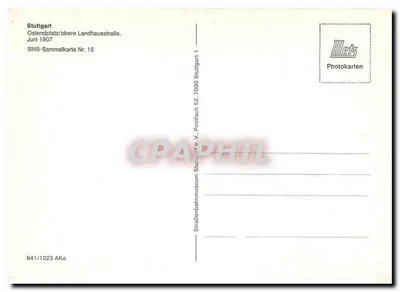 Stuttgart - Ostendplatz / obere Landhausstraße — vista da rua com trêm e igreja — SMS-Sammelkarte Nr. 15, editada por Metz Photokarten — Verso