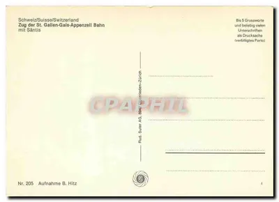 Trem da linha St. Gallen-Gais-Appenzell — Säntis — Rud. Suter AG, Zurique, n° 205 — Verso