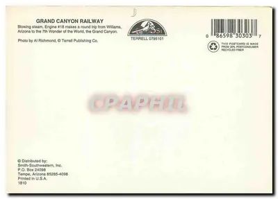 Grand Canyon Railway — Trem a vapor no canyon — Terrell Publishing Co. n° 0795101 — Verso