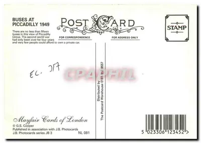 Ônibus em Piccadilly — 1949 — Mayfair Cards of London, série JB 3 — Verso