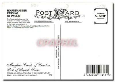 Routemaster jadący przed St Paul's — seria Best of British, wydawca Mayfair Cards of London, n° 087 — Rewers