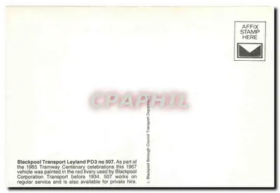 Ônibus duplo etage Leyland PD3 no 507 — Blackpool Tramway Centenary 1985 — Blackpool Borough Council Transport Department — Verso