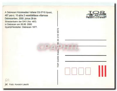 Tramwaj CS-3710 nr 487 w Debrecenie — TOP CARD Kiadó, nr 60 — Rewers