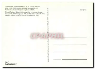 Trem a vapor n°5 "Gerlos" — Zillertalbahn — editor der bahnladen, n° 10319/82 — Verso