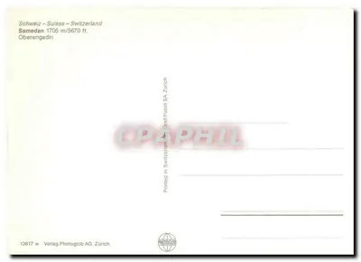 Samedan — zimowy widok z zasnieżonymi górami i pociągiem — Verlag Photoglob AG Zürich — Rewers