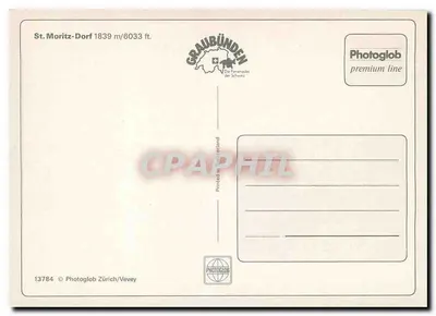 St. Moritz — widok panoramiczny z pociągiem i jeziorem — Photoglob premium line — Rewers