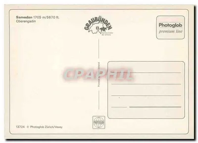 Samedan — widok panoramiczny z pociągiem i wsią — linia premium Photoglob — Rewers
