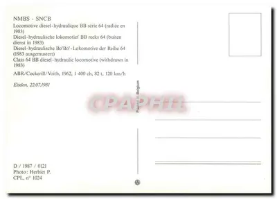 Diesel-hydrauliczna lokomotywa BB serii 64 — wycofana w 1983 — CPL n° 1024 — Rewers