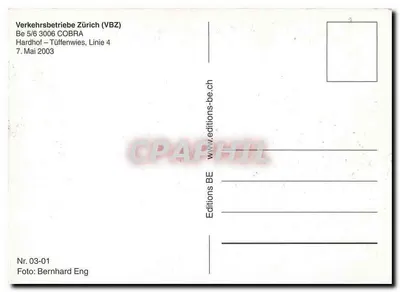 Tramwaj w Zurych — linia 4, przystanek Hardhof — Tüffenwies — wydawca VBZ, nr 03-01 — Rewers