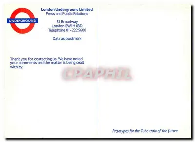 Protótipos para o trem do futuro — London Underground Limited — número de série não visível — Verso