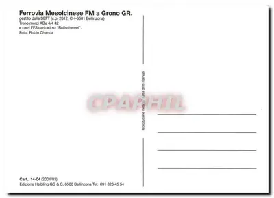 Ferrovia Mesolcinese FM em Grono GR — Trem de carga ABe 4/4 42 e vagões FFS sobre 'Rollschernel' — Edição Helbling GG & C, Bellinzona — Verso