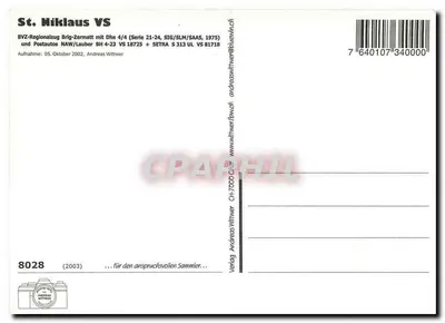 St. Niklaus VS — BVZ-Regionalzug Brigmatt com Dhe 4/4 (Série 21-24, SIG/SLM/SAAS, 1975) e Postautos NAW/Lauber BH 4-23 VS 18725 + SETRA S 313 UL VS 81718 — Andreas Wittwer — Verso
