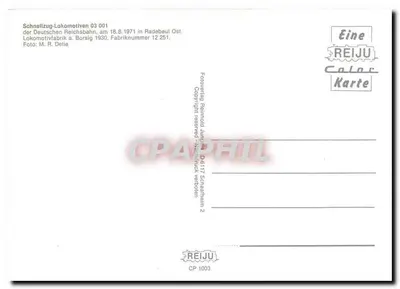 Lokomotive 03 001 — Schnellzug-Lokomotive da Deutsche Reichsbahn — REIJIU Color Karte CP 1003 — Verso
