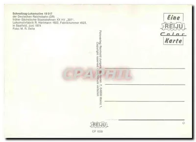 Lokomotiva 19 017 — Lokomotiva de Trem Rápido da Deutsche Reichsbahn (DR) — Editor REIJU, n° CP 1030 — Verso