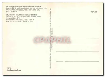 Locomotiva elétrica DB 191 011-6 — Bavarian EG 5 — editor der bahnladen, n° 10275/79 — Verso