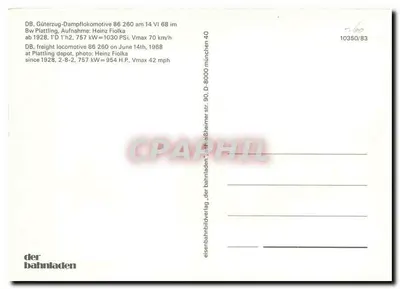 Parowóz DB 86 260 — skład Plattling — wydawca der bahnhladen, nr 10350/83 — Rewers