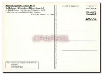 Trem a vapor 99 2323-6 — Bad Doberan — editor JACOBI, n° E 574 — Verso