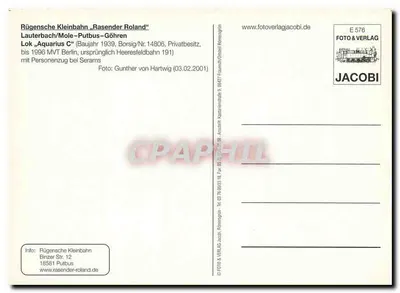 Rügensche Kleinbahn „Rasender Roland“ — Lauterbach–Putbus–Göhren, trem a vapor — JACOBI FOTO & VERLAG, série E 576 — Verso