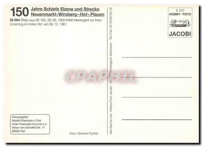 Dampfzug — 150 Jahre Schiefe Ebene und Strecke Neuenmarkt-Wirsberg–Hof–Plauen — Verlag JACOBI, n° E 372 — Rückseite