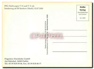 Pégnotziger Eisenbahn — T 12 e T 11 em trem especial no Bf Storkow (Mark) — Radke Verlag, n° 5059 — Verso