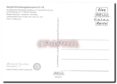 Parowóz szybki 01 118 — Historische Eisenbahn Frankfurt e.V. — REIJU Color Karte — Rewers