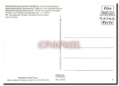 Três locomotivas a vapor — Dampf-Güterzug-Lokomotive 50 622, Dampf-Schnellzug-Lokomotive 01 1066 e Dampf-Schnellzug-Lokomotive 01 118 — editor REIJU Color Karte — Verso