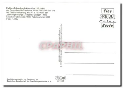 Elektro-schneizuglokomotywa 117 113-1 — Deutsche Bundesbahn, DGE-G-Sonderzug, Trasa Stuttgart-Ulm — REIJU Color Karte — Rewers