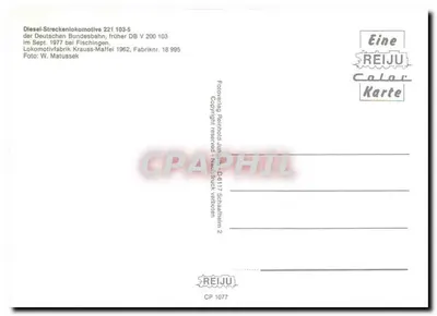 Pociąg parowy — lokomotywa diesla 221 103-5 — REIJU Color Karte CP 1077 — Rewers