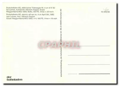 Stubaitalbahn AG — trem elétrico n°4 em Luimes — editor der bahnladen, n° 10 345/82 — Verso
