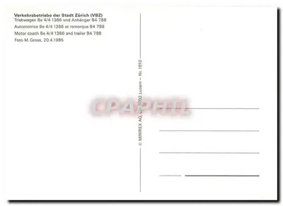 Tramway em Zürich — Tramway Be 4/4 1366 e reboque B4 788 — editor MINIREX AG, n° 1610 — Verso