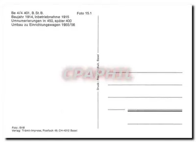 Tramway B.S.St.B. n°401 — Basileia — Tramway da linha 11 — editor Tramili-Press, CH-4012 Basileia — Verso