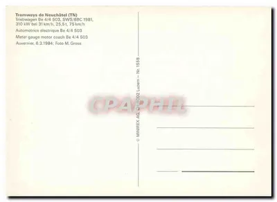 Tramway de Neuchâtel — Tramway Be 4/4 503 à Boudry — MINIREX AG, n° 1558 — Verso