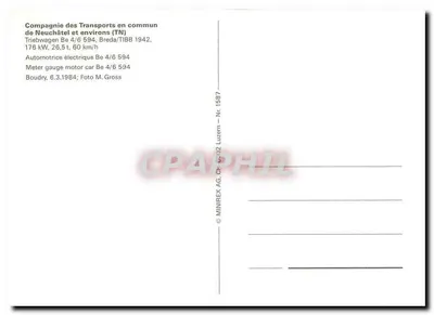 Tramway amarelo em Boudry — Compagnie des Transports en commun de Neuchâtel et environs (TN) — editor MINIREX AG, n° 1587 — Verso