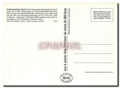 Dois trams em Zurique — Depósito Irchel — Editor Ernst B. Leutwiler, n° 3221 — Verso