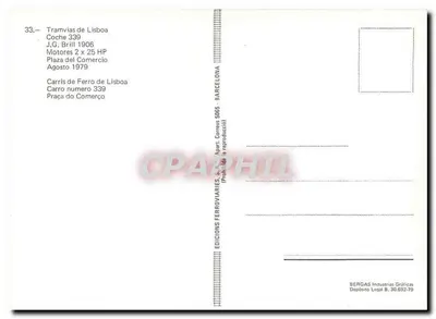 Tramwaj w Lizbonie — Coche 339 — Wydawca J.G. Brill 1906, wydanie 1979 — Rewers